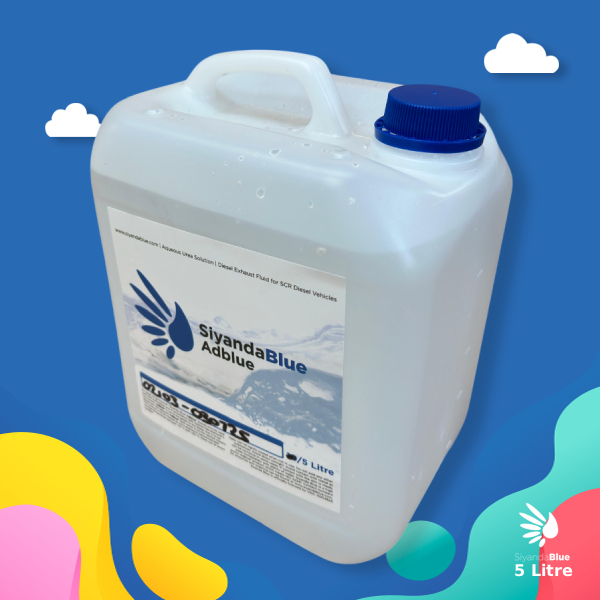 5 litre AdBlue bottle from Siyanda Blue. AdBlue for sale. 5 litre adblue with a nozzle inside.